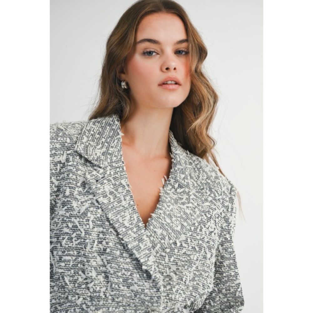 1074 • Black/White Confetti Tweed Crop Blazer Jacket w/Pearl Rhinestone Buttons - Picture 9 of 11